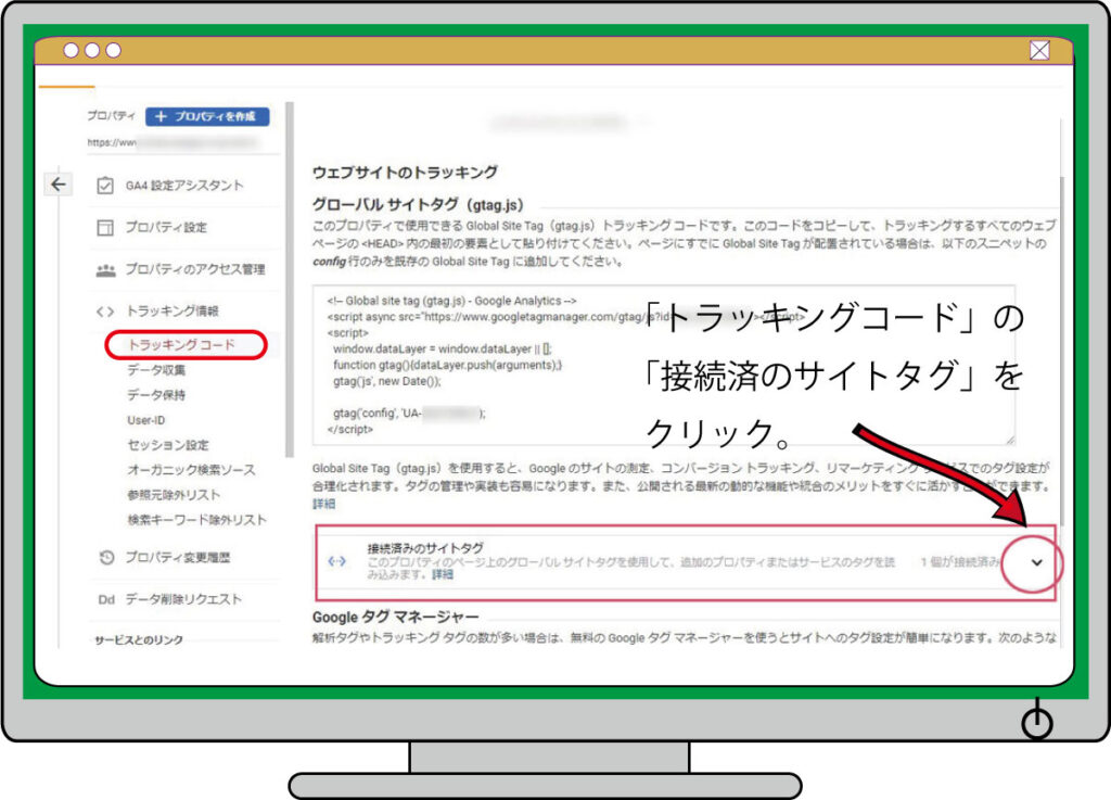 「トラッキングコード」の「接続済みのサイトタグ」