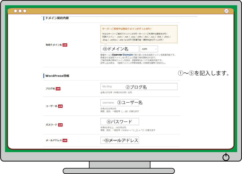 ドメイン名とWordPressの情報を設定します。