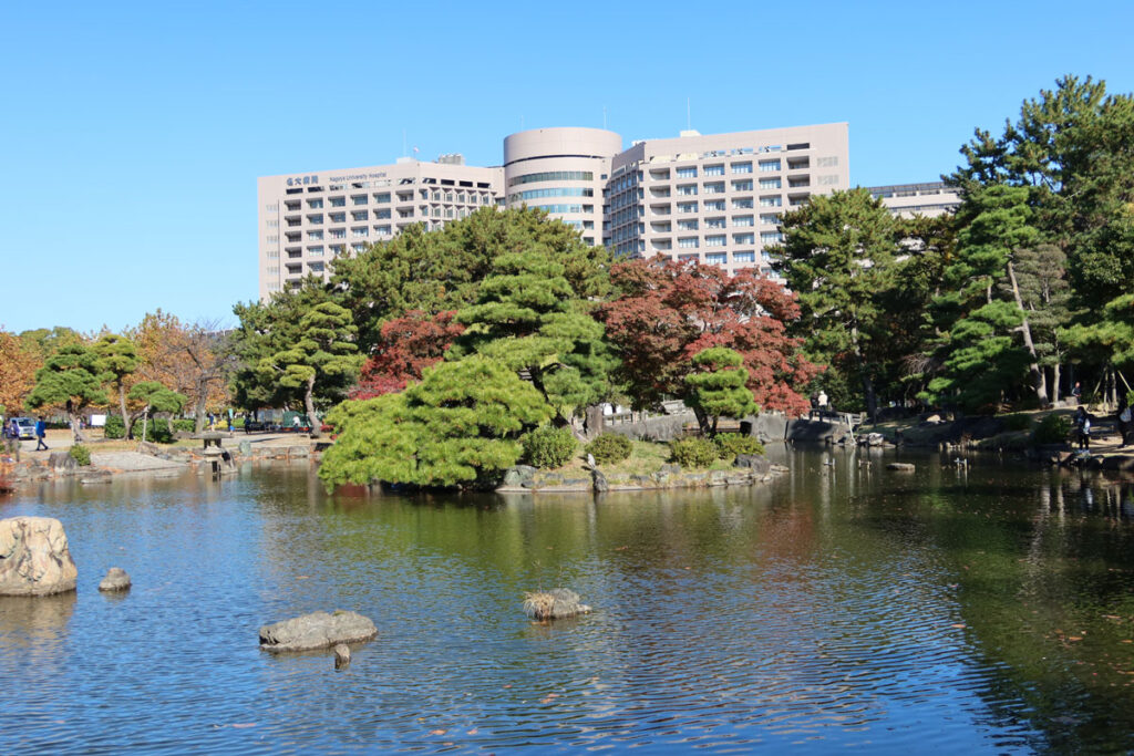 鶴舞公園_日本庭園から名大病院を見る